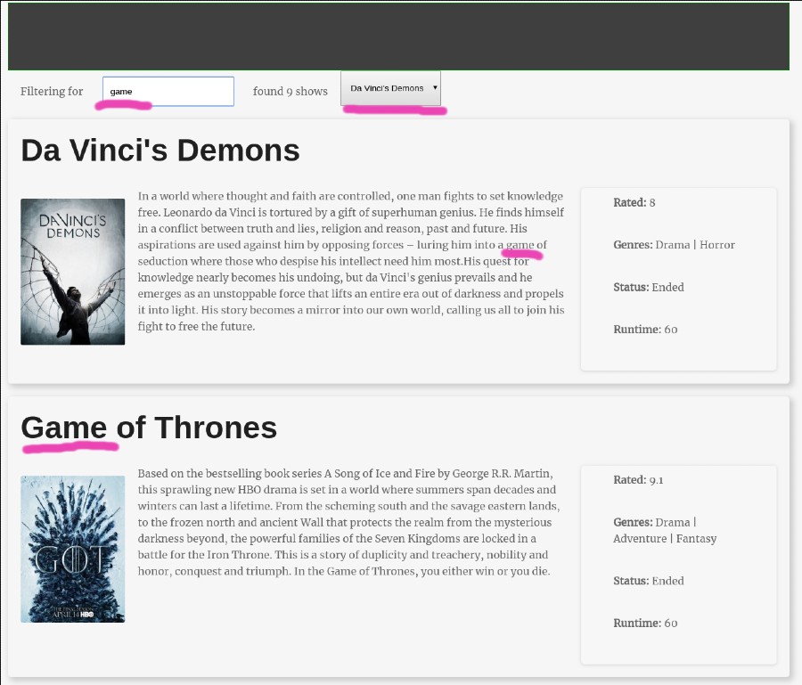 Screenshot of a website with a drop-down list with the show &ldquo;Breaking Bad&rdquo; selected