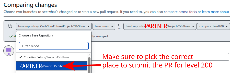 Select the partner repo in the dropdown when making a PR for level200
